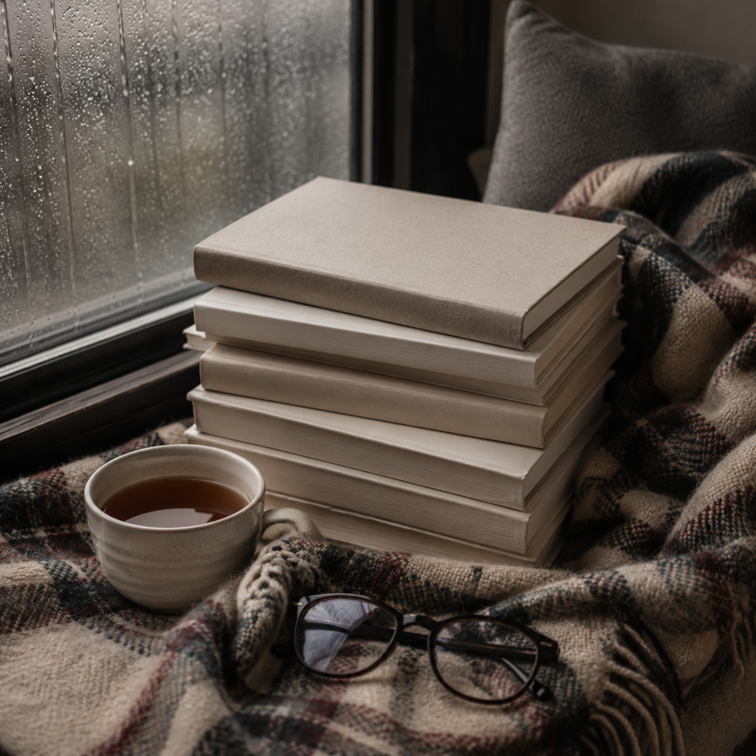 Стопка тонких книг, плед, чай и окно с дождём
